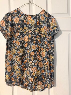 LOFT Black Short-Sleeve Floral Blouse with Orange & Cream Blooms